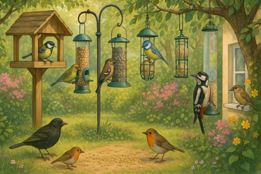 Die besten Futterstellen für verschiedene Vogelarten – vom Boden bis zum Futterhaus.