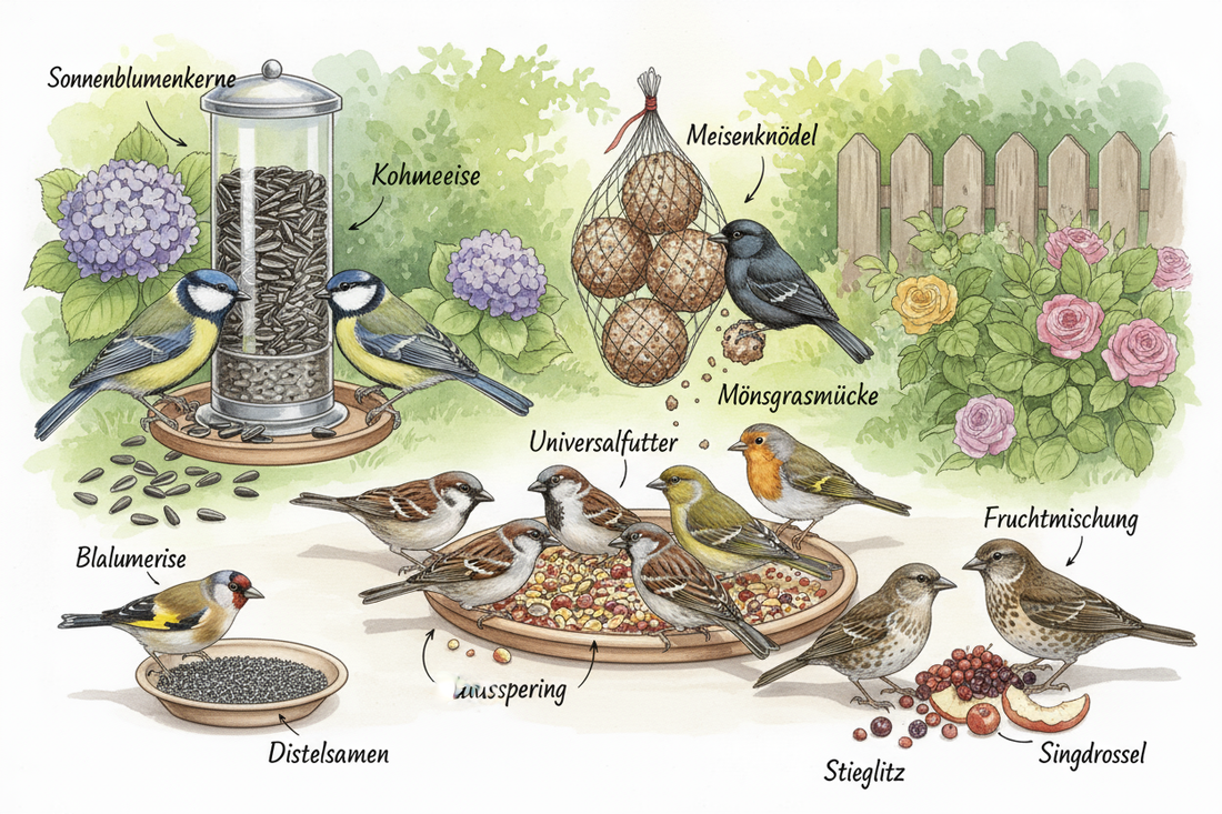 onnenblumenkerne, Meisenknödel & Co.: Welches Futter passt zu welchen Vogelarten?