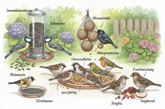 onnenblumenkerne, Meisenknödel & Co.: Welches Futter passt zu welchen Vogelarten?